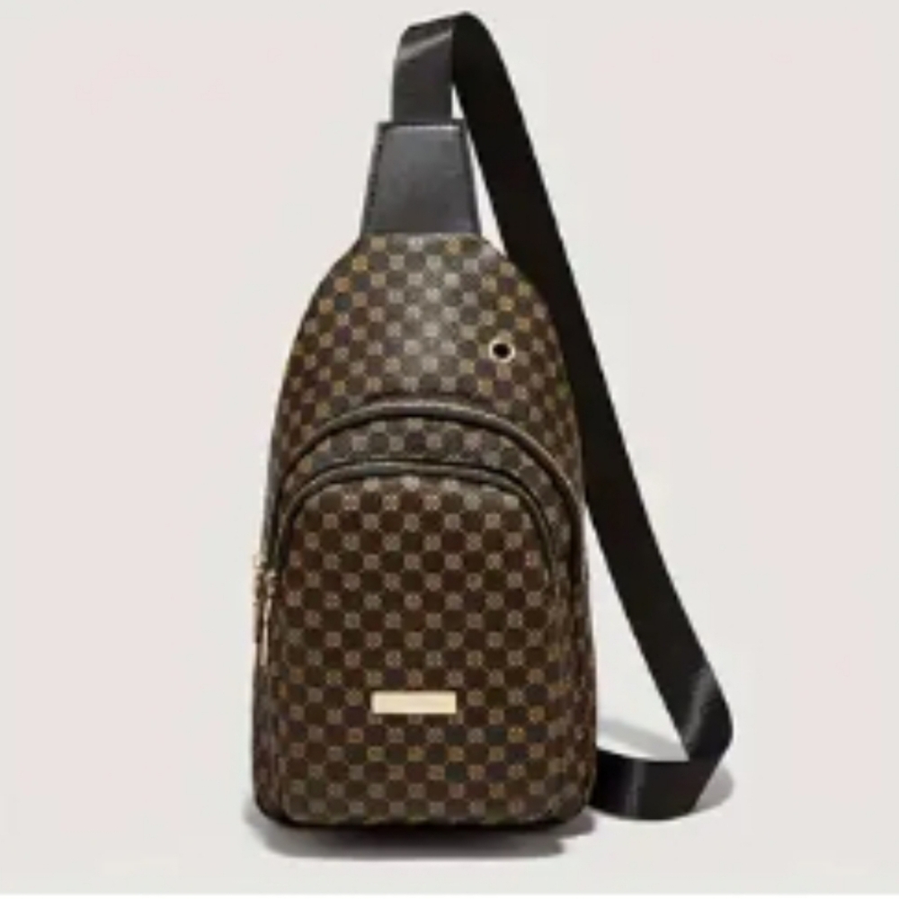 Brown Vegan Leather Checkered Women's Sling Bag. NIB